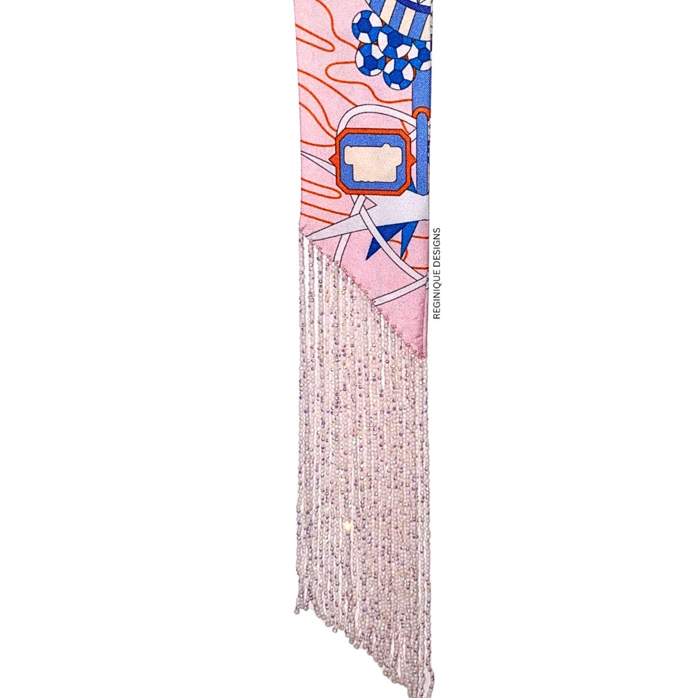 SeraBijoulet™ Handcrafted Silk Skinny Scarf with Beaded Fringe - Picture 3 of 7